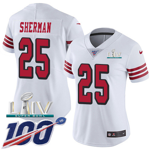 San Francisco 49ers Nike #25 Richard Sherman White Super Bowl LIV 2020 Rush Women Stitched NFL Limited 100th Season Jersey